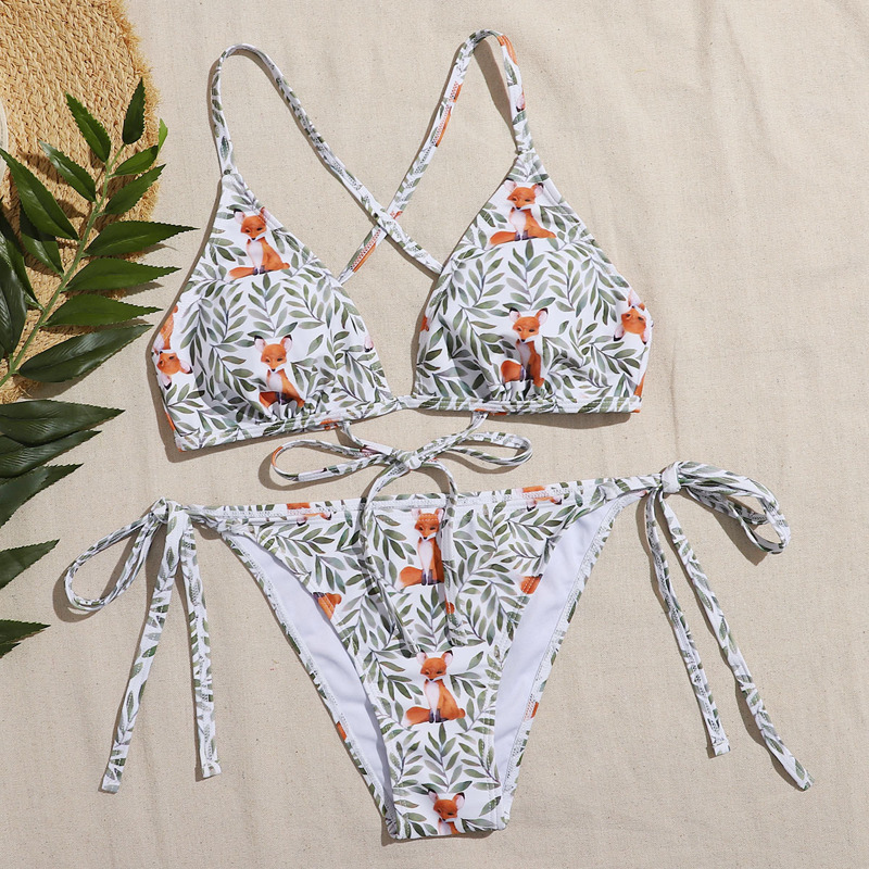 

Fox & Leaf Print Tie Side Bikini Swimsuit, Multicolor