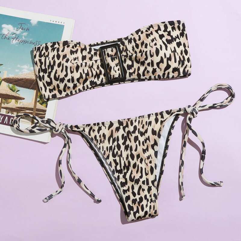 

Leopard Buckle Tie Side Bikini Swimsuit, Multicolor
