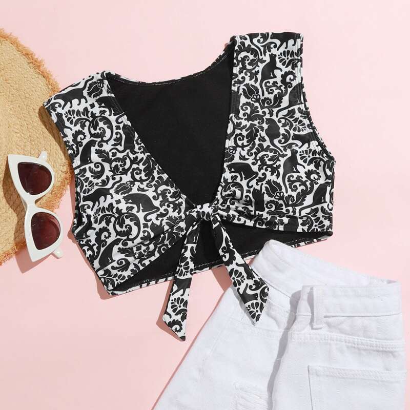 

Cat Print Plunging Bikini Top, Black and white