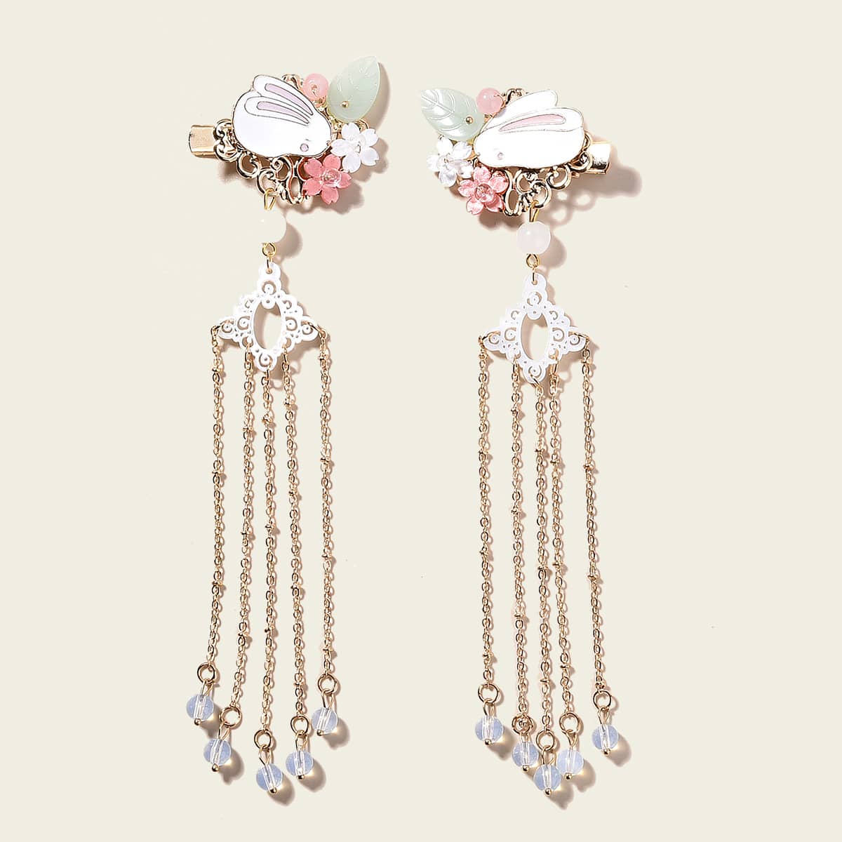 

2pcs Rabbit Decor Long Tassel Chain Hair Clip, Multicolor