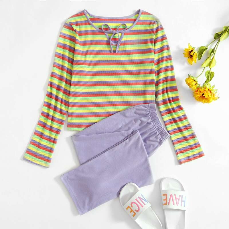 

Ribbed Stripe Tee & Pants PJ Set, Multicolor