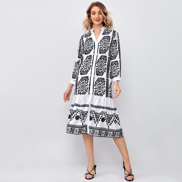 

Plants Embroidery Notched Neck Ruffle Hem Shirt Dress, Black and white