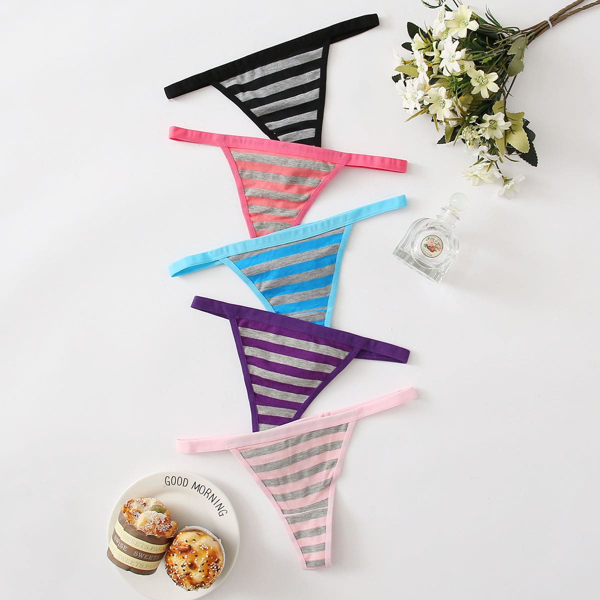 

5pack Stripe Thong Panty Set, Multicolor