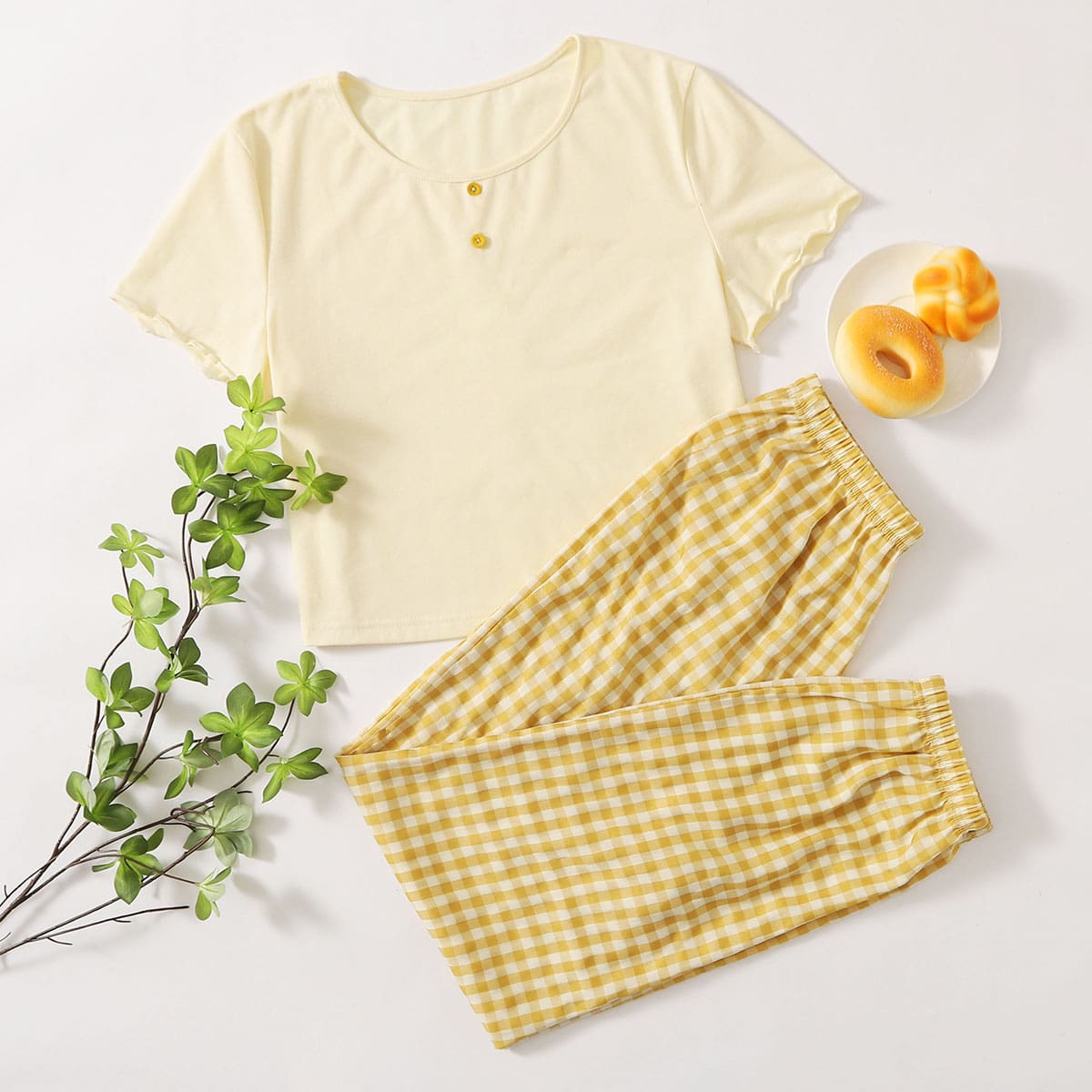 

Button Detail Tee & Gingham Pants PJ Set, Yellow pastel