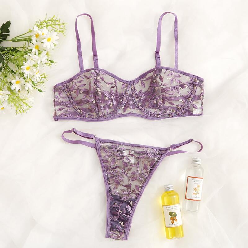 

Embroidery Mesh Underwire Lingerie Set, Purple