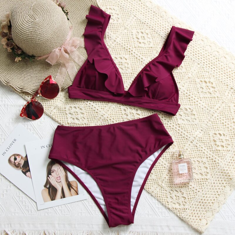

Ruffle Triangle High Waisted Bikini Swimsuit, Burgundy