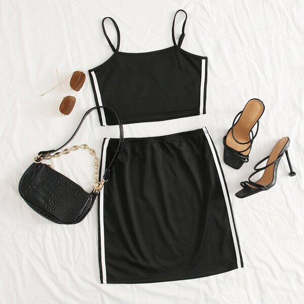 

Striped Side Cami Top & Skirt Set, Black