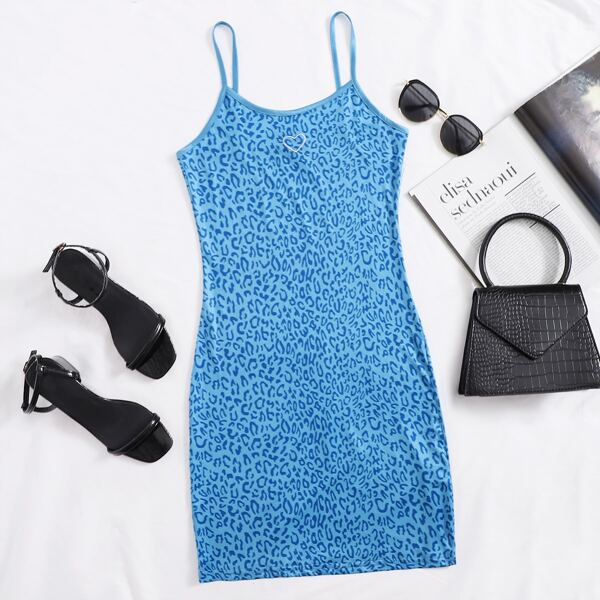 

Heart Embroidery Leopard Dress, Blue