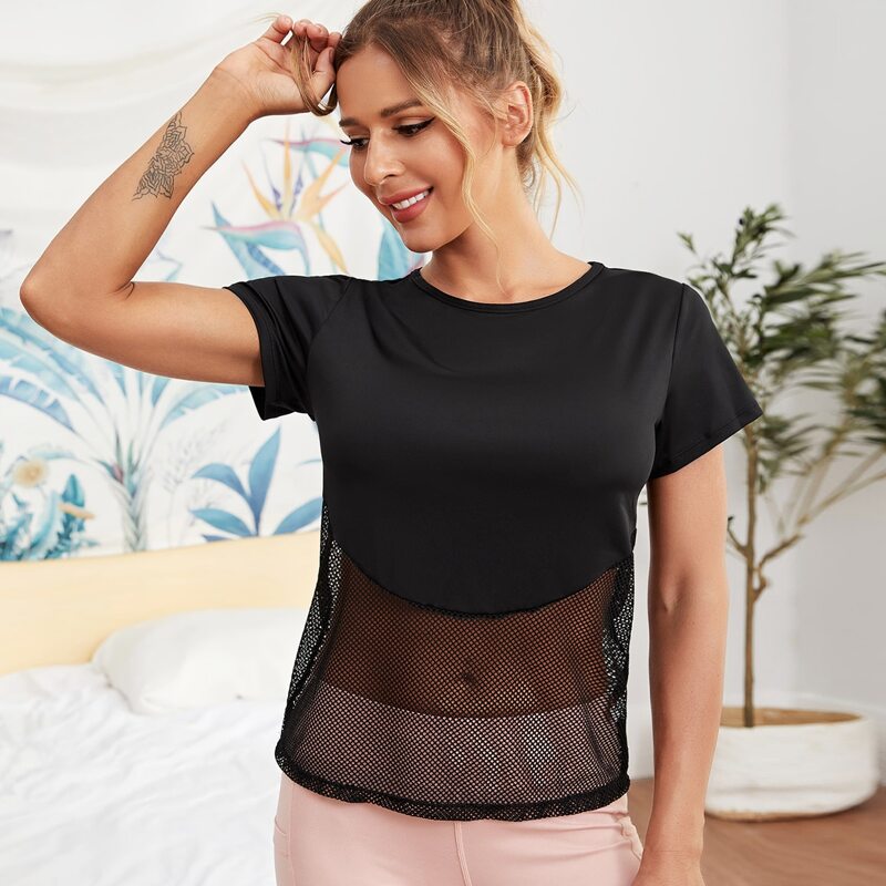 

Fishnet Mesh Panel Sports Tee, Black