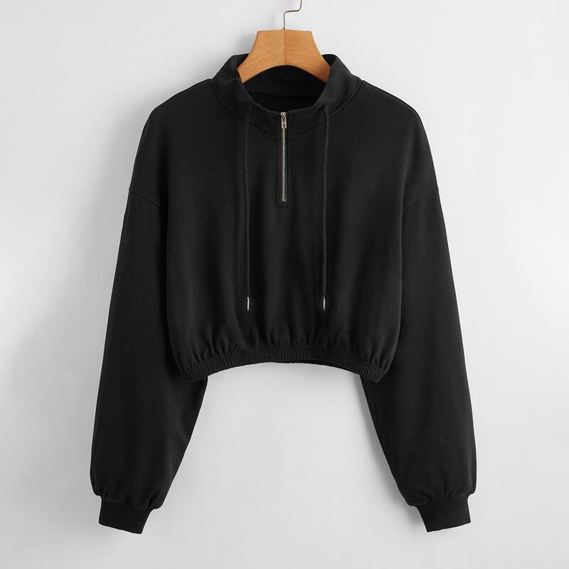 

Zip Half Placket Drawstring Neck Pullover, Black