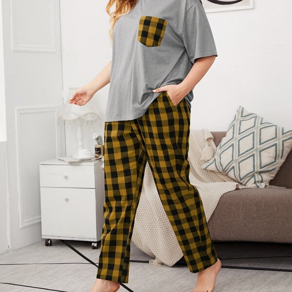 

Plus Pocket Front Top & Buffalo Plaid Pants PJ Set, Multicolor