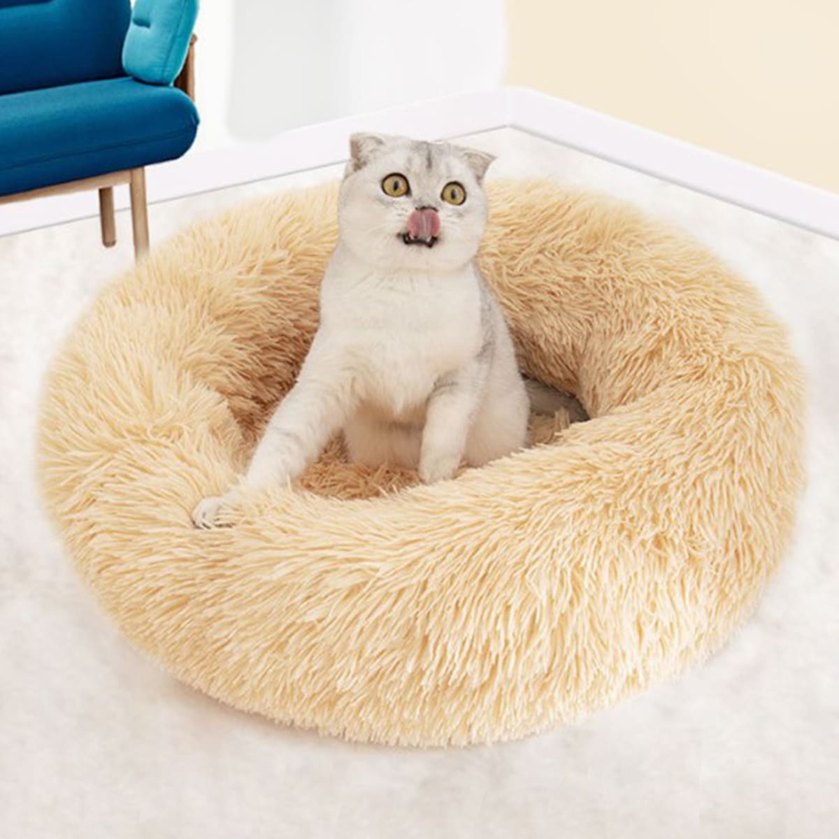 

1pc Plush Round Cat Bed, Khaki