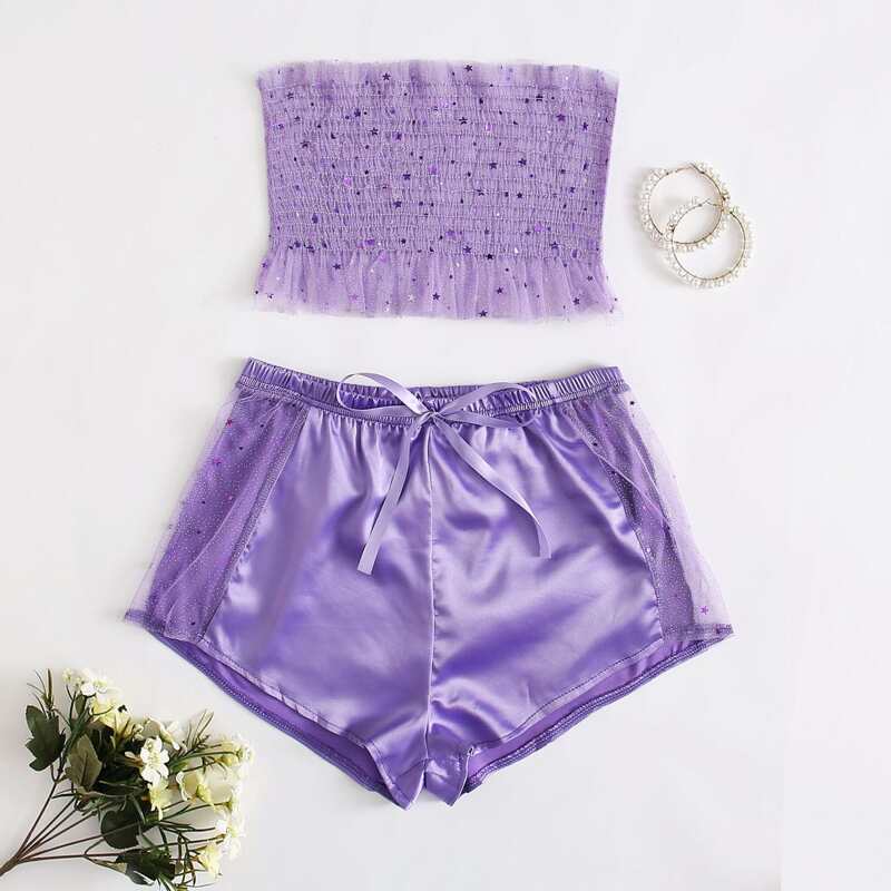 

Star Shirred Contrast Mesh Lingerie Set, Violet purple