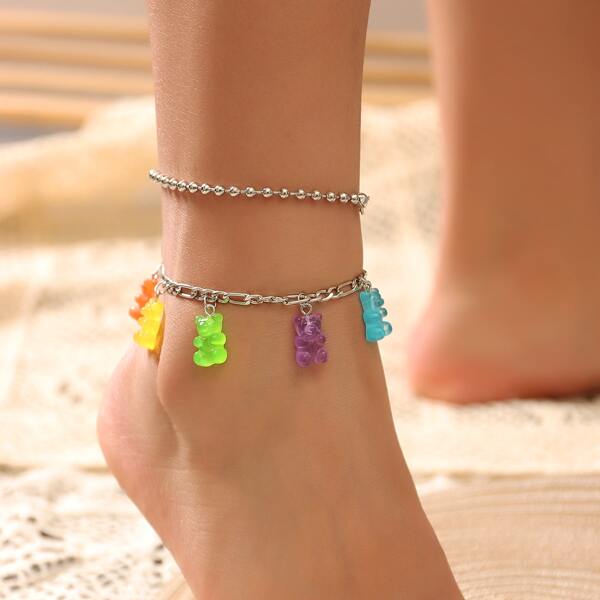 

2pcs Bear Charm Chain Anklet, Multicolor