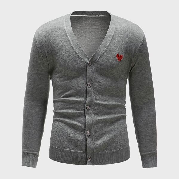 

Men Heart Embroidered Button Up Cardigan, Grey