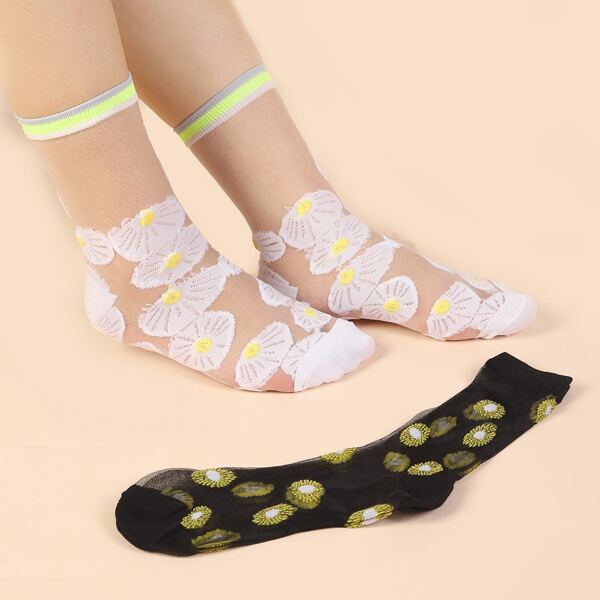 

2pairs Flower Pattern Mesh Socks, Multicolor