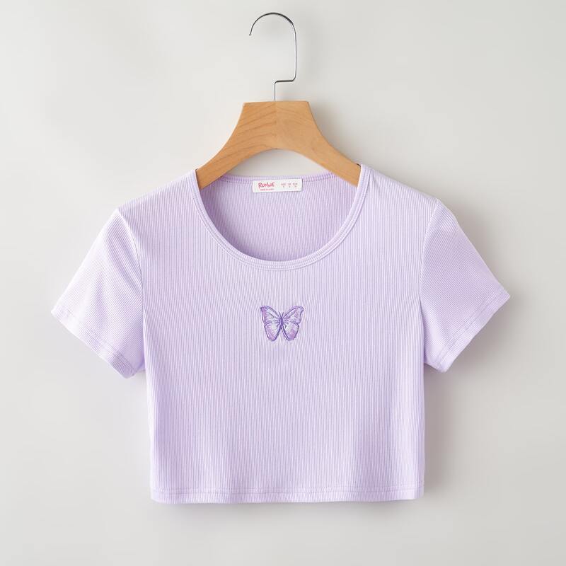 

Butterfly Embroidery Crop Tee, Lilac purple