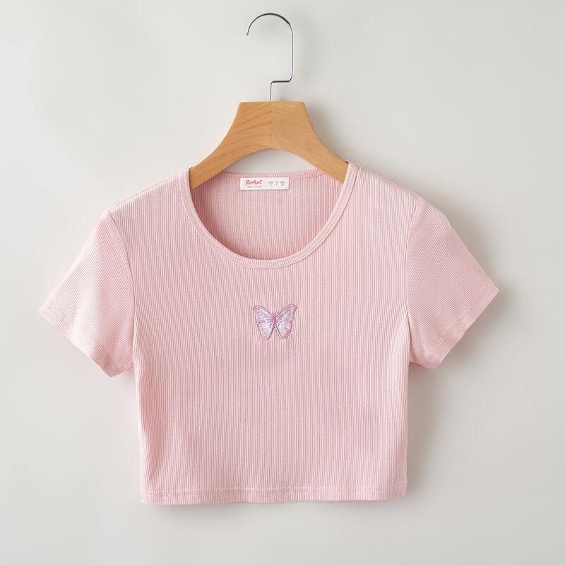 

Butterfly Embroidery Crop Tee, Baby pink