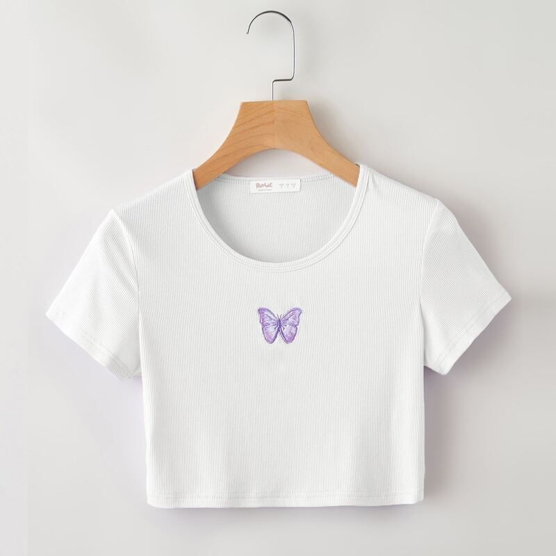 

Butterfly Embroidery Crop Tee, White