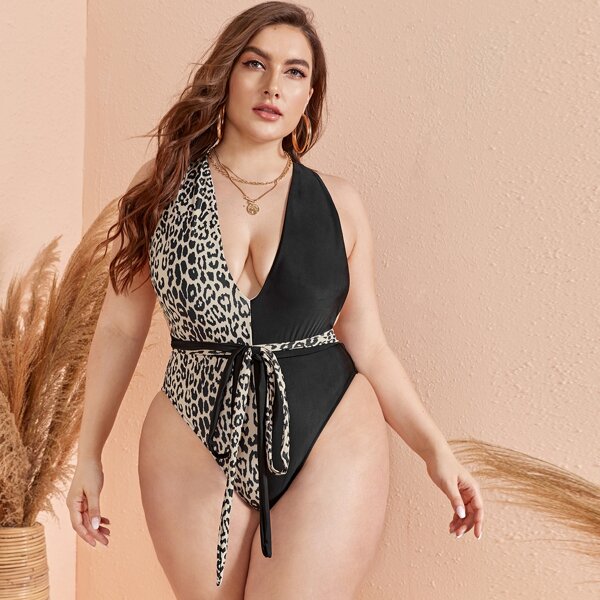 

Plus Leopard Tie Front One Piece Swimsuit, Multicolor