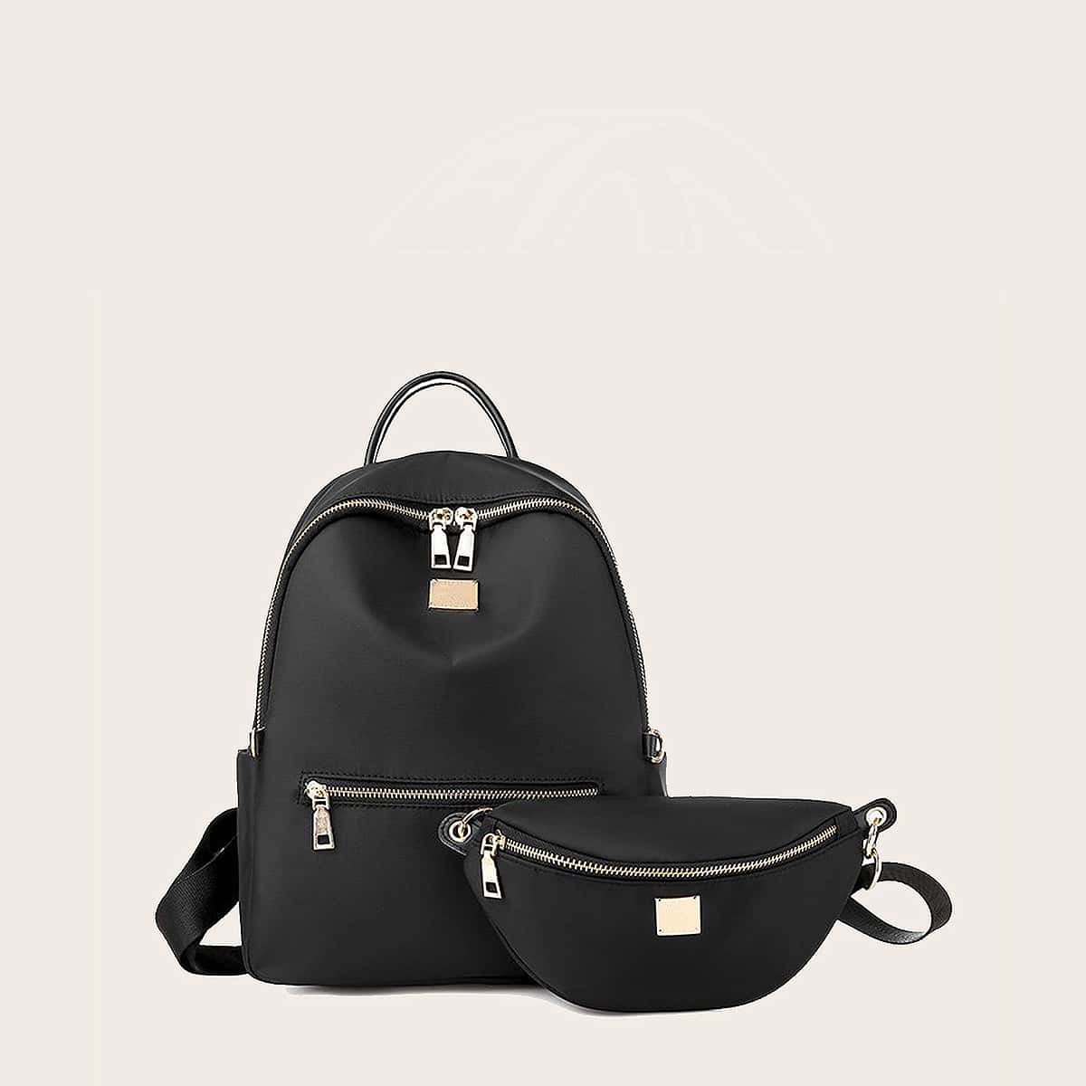 

2pcs Curved Top Backpack With Fanny Pack, Black