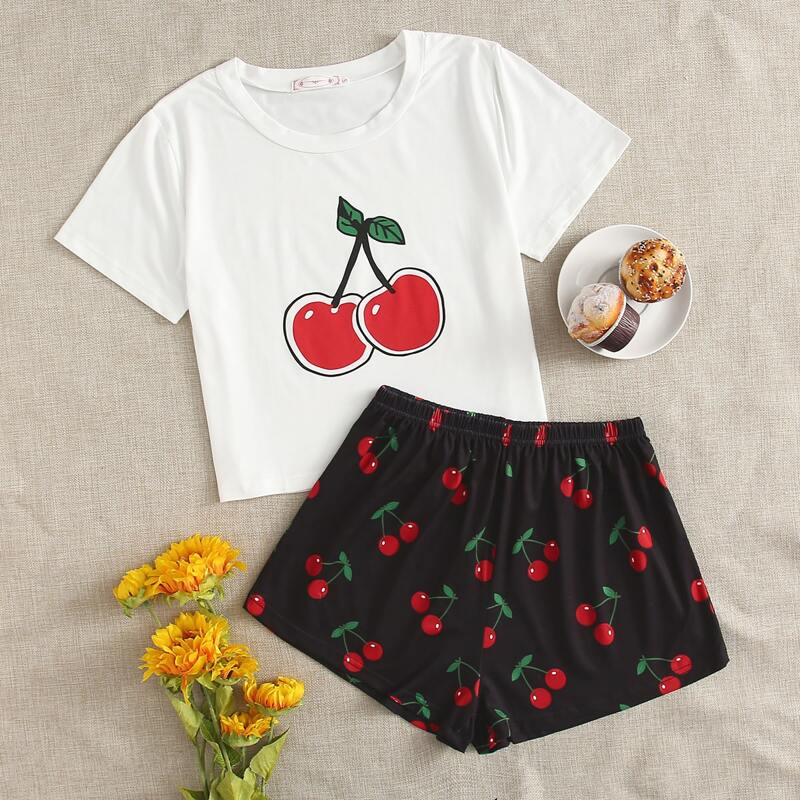 

Cherry Print Tee & Shorts PJ Set, Multicolor