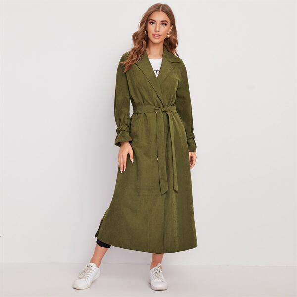 

Notch Collar Flounce Sleeve Button Detail Self Belted Coat, Olive green