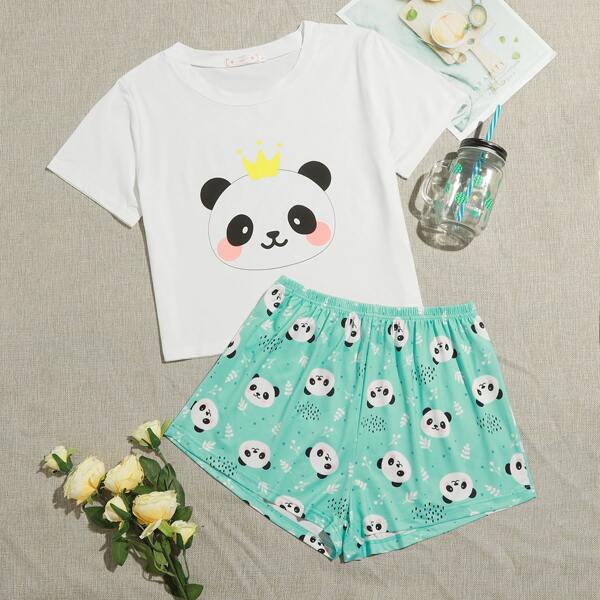 

Cartoon Panda And Plant Graphic PJ Set, Multicolor