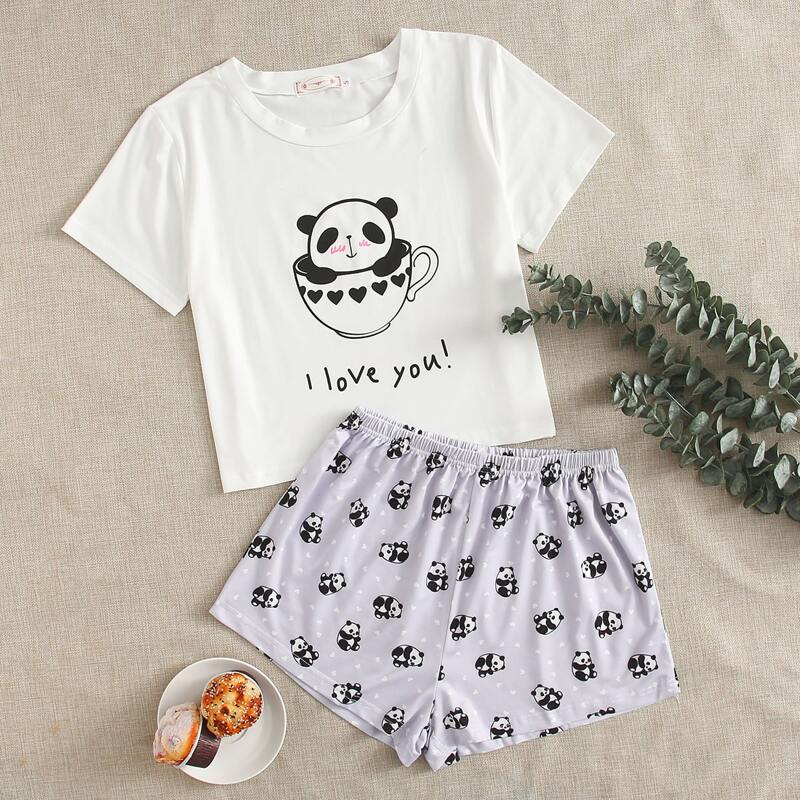 

Cartoon Panda And Slogan Graphic PJ Set, Multicolor
