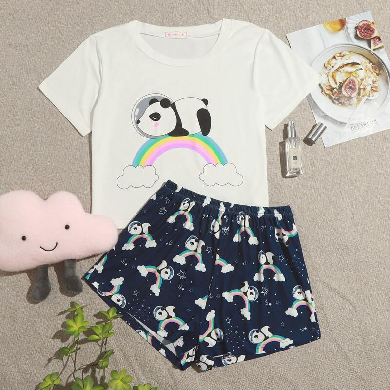 

Panda And Rainbow Graphic PJ Set, Multicolor
