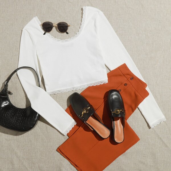 

Lace Trim Crop Top, White