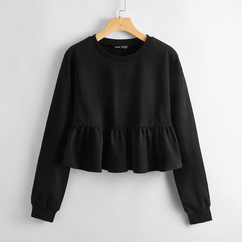 

Drop Shoulder Ruffle Hem Pullover, Black