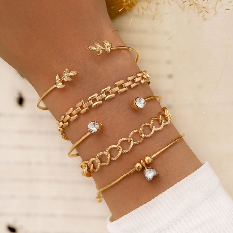 

5pcs Leaf & Heart Decor Bracelet, Gold