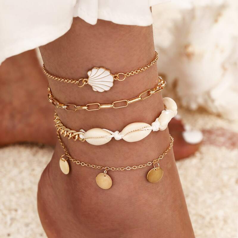 

4pcs Shell & Disc Decor Chain Anklet, Gold