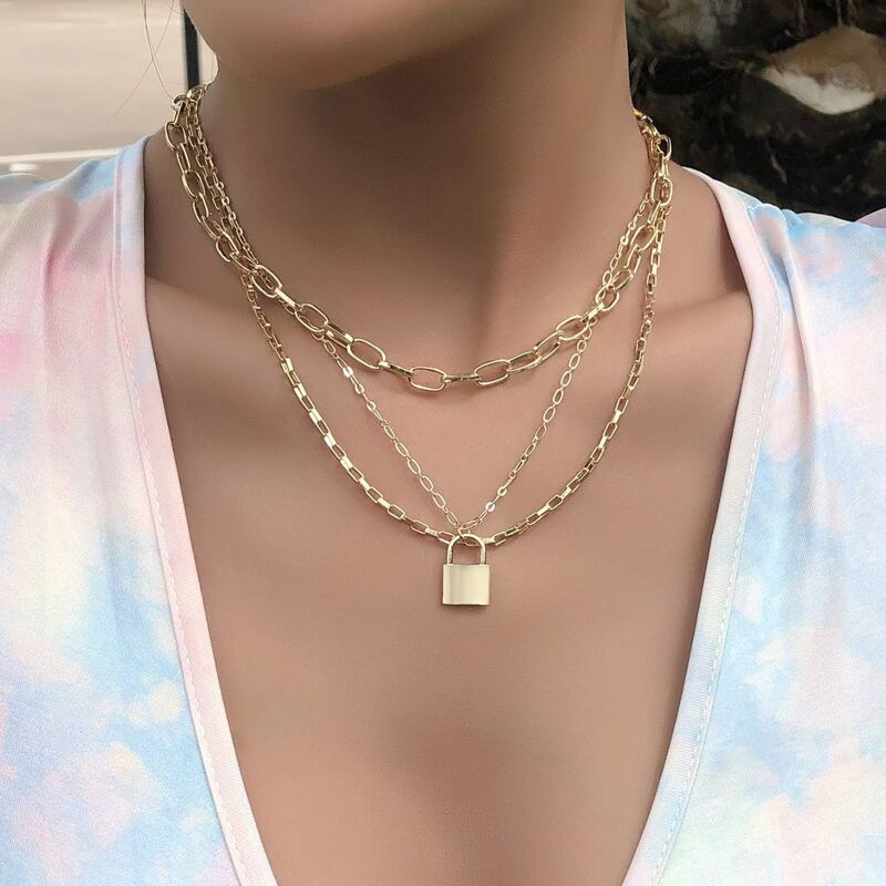 

Lock Charm Layered Necklace, Gold