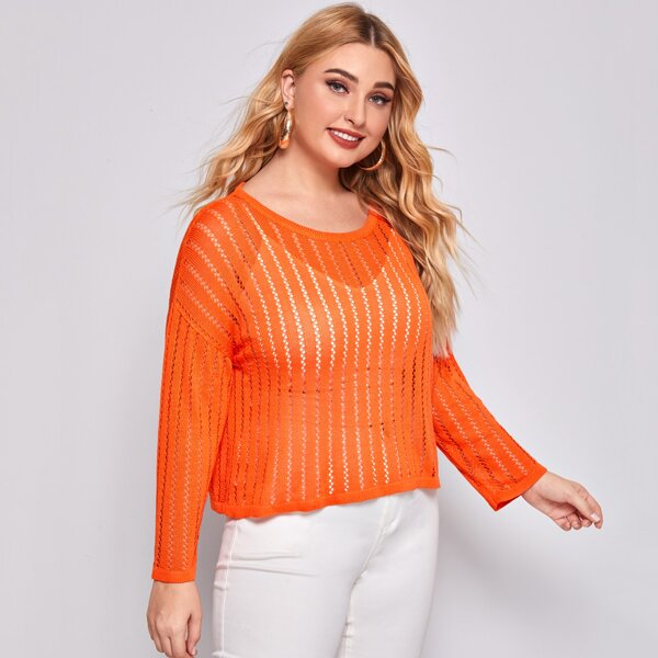 

Plus Solid Pointelle Knit Drop Shoulder Sweater, Orange