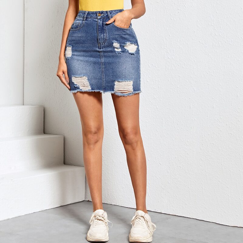 

Ripped Raw Hem Mini Denim Skirt, Medium wash