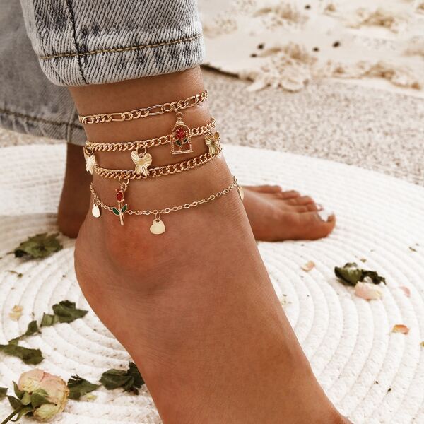 

4pcs Heart & Butterfly Charm Chain Anklet, Gold