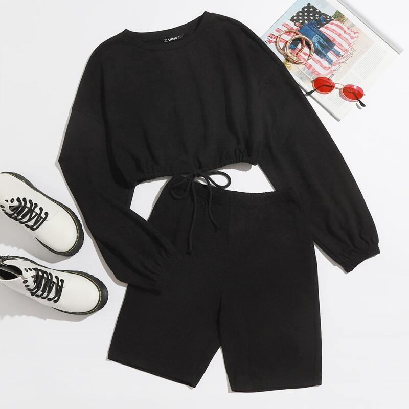 

Drop Shoulder Drawstring Hem Crop Top & Biker Shorts Set, Black