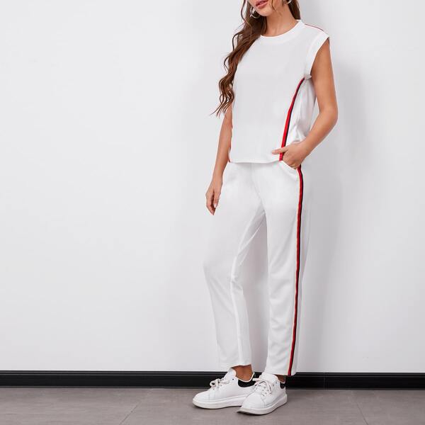 

Striped Side Top & Slant Pocket Pants Set, White
