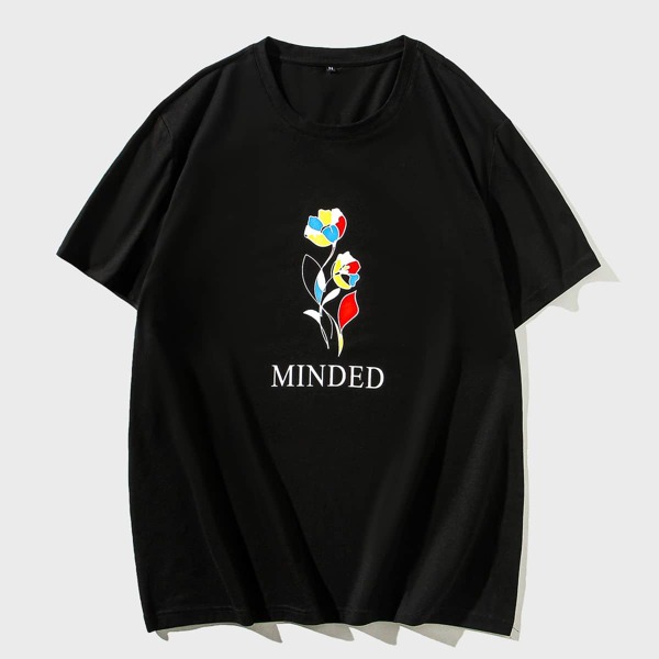 

Men Letter & Floral Print Tee, Black