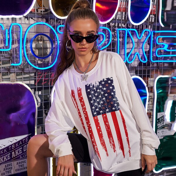 

Drop Shoulder America Flag Print Sweatshirt, White