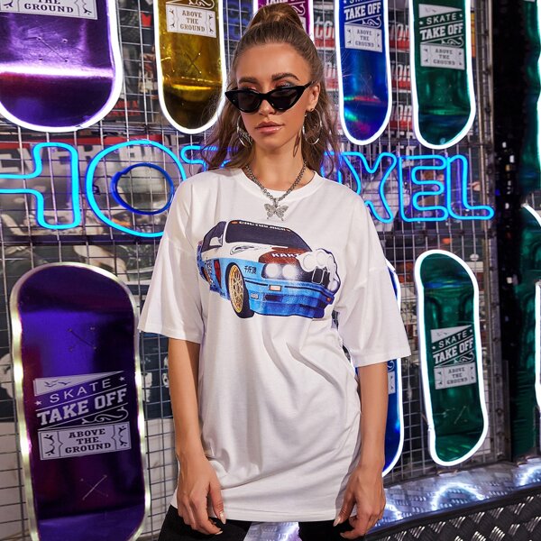 

Drop Shoulder Car Print Longline Tee, White