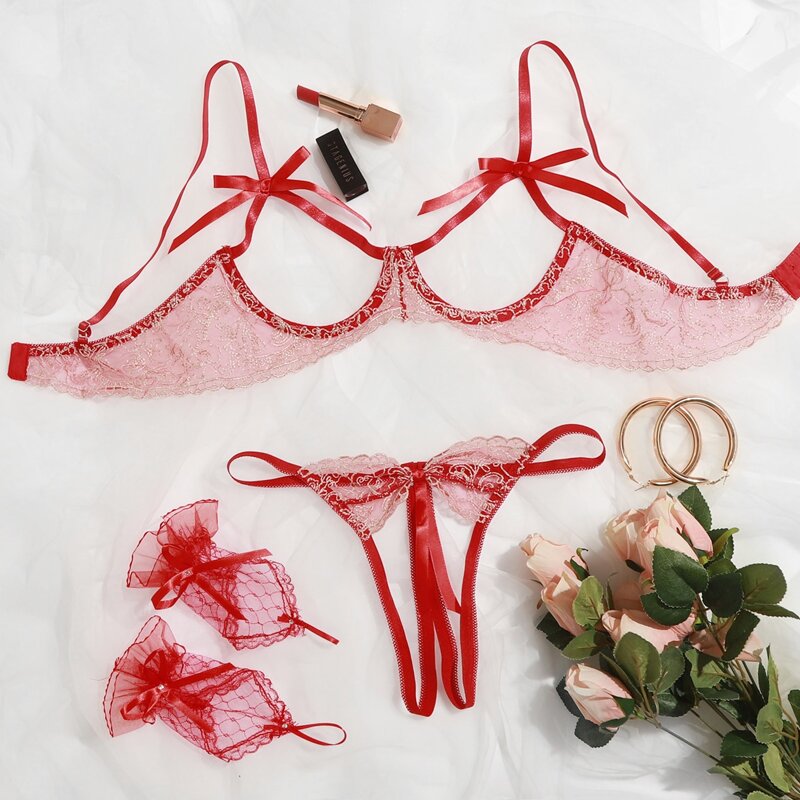 

3pack Floral Lace Cut-out Underwire Lingerie Set, Red