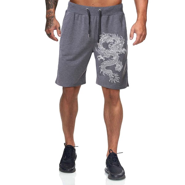 

Men Chinese Dragon Graphic Track Shorts, Grey