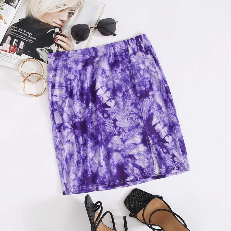 

Split Hem Rib-knit Skirt, Violet purple