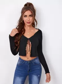 SHEIN BAE 生菜邊前結飾短版開衫 - 黑色 - 查看 1