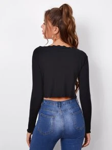 SHEIN BAE 生菜邊前結飾短版開衫 - 黑色 - 查看 2