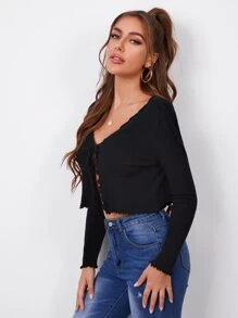 SHEIN BAE 生菜邊前結飾短版開衫 - 黑色 - 查看 3