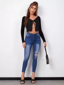 SHEIN BAE 生菜邊前結飾短版開衫 - 黑色 - 查看 4